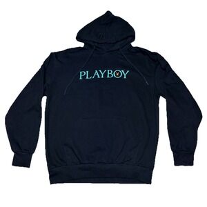 Playboy Hoodie Medium Black Pullover‎ Drawstring Graphic Logo Y2K Sweatshirt